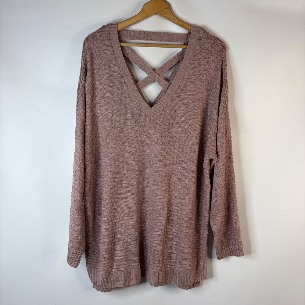 Pink Rose Sweater Women 2X Mauve Pink Crisscross Back V-Neck Textured Pullover